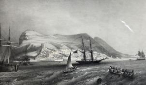 Couvillier after Chapuy, lithograph, View of Gibraltar, overall 33 x 43cm, unframed