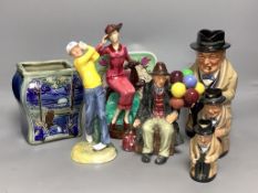 Five Royal Doulton figures or jugs, a Kevin Francis Susie Cooper figure and a Royal Doulton jar,