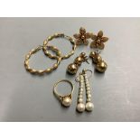 Three pairs of modern 9ct earrings and a 9ct gold and cultured pearl set ring, gross 12.4 grams and