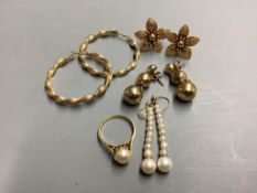 Three pairs of modern 9ct earrings and a 9ct gold and cultured pearl set ring, gross 12.4 grams and
