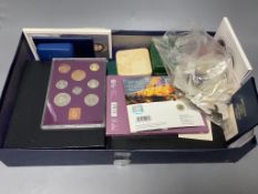 Three UK proof coin sets: Royal Shield Arms 2008, and 2005 and 2008 year sets, other UNC coins and