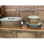 Two Victorian copper pans and a preserve pan, largest 59cm wide