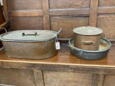 Two Victorian copper pans and a preserve pan, largest 59cm wide