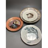 A Russian plate of Stalin, diameter 24cm, two Russian pottery dishes and a portrait plate