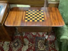 A Regency and later inlaid mahogany drop flap games table with backgammon interior, width 55cm,