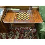A Regency and later inlaid mahogany drop flap games table with backgammon interior, width 55cm,