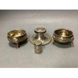 One 18th century silver salt and one Victorian silver salt, a silver inkwell and a cylindrical