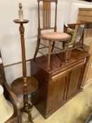 A mahogany skeleton frame toilet mirror, width 56cm, an Edwardian inlaid side chair and a beech