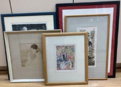 Five assorted contemporary prints: M. Matthews, Thieving Parrot; Borlase Cats Lescel... - Seated