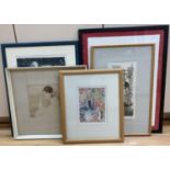 Five assorted contemporary prints: M. Matthews, Thieving Parrot; Borlase Cats Lescel... - Seated