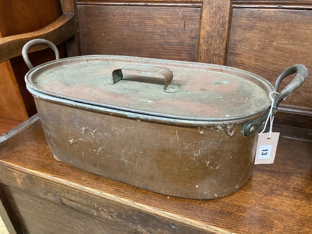 Two Victorian copper pans and a preserve pan, largest 59cm wide - Image 2 of 3
