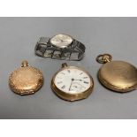 Two gold plated pocket watches (a.f.), a similar watch case and a Seiko watch.