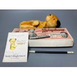 A 1950's Chad Valley Sooty hand puppet with wand, birthday card together with a boxed Sooty