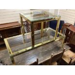 Two Italian Romeo Rega brass glass top low tables, circa 1970, larger 130cm, height 60cm