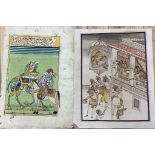 Indian School, two watercolour and ink original illustrations, Women on a balcony with men below,