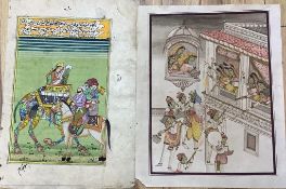 Indian School, two watercolour and ink original illustrations, Women on a balcony with men below,