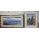 Evelyn Bishop, gouache, Coastal landscape, signed, 23 x 56cm and a watercolour of Dieppe harbour by