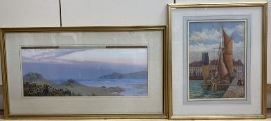 Evelyn Bishop, gouache, Coastal landscape, signed, 23 x 56cm and a watercolour of Dieppe harbour by