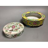 An 18th/19th century Canton enamel stand and a famille rose cover