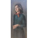 Contemporary English School, oil on canvas, Three quarter length portrait of a lady, 76 x 35cm,