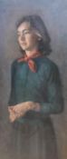 Contemporary English School, oil on canvas, Three quarter length portrait of a lady, 76 x 35cm,