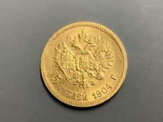 A Russian five rouble gold coin, 1904, Nicholas II (1895-1911)