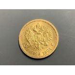 A Russian five rouble gold coin, 1904, Nicholas II (1895-1911)