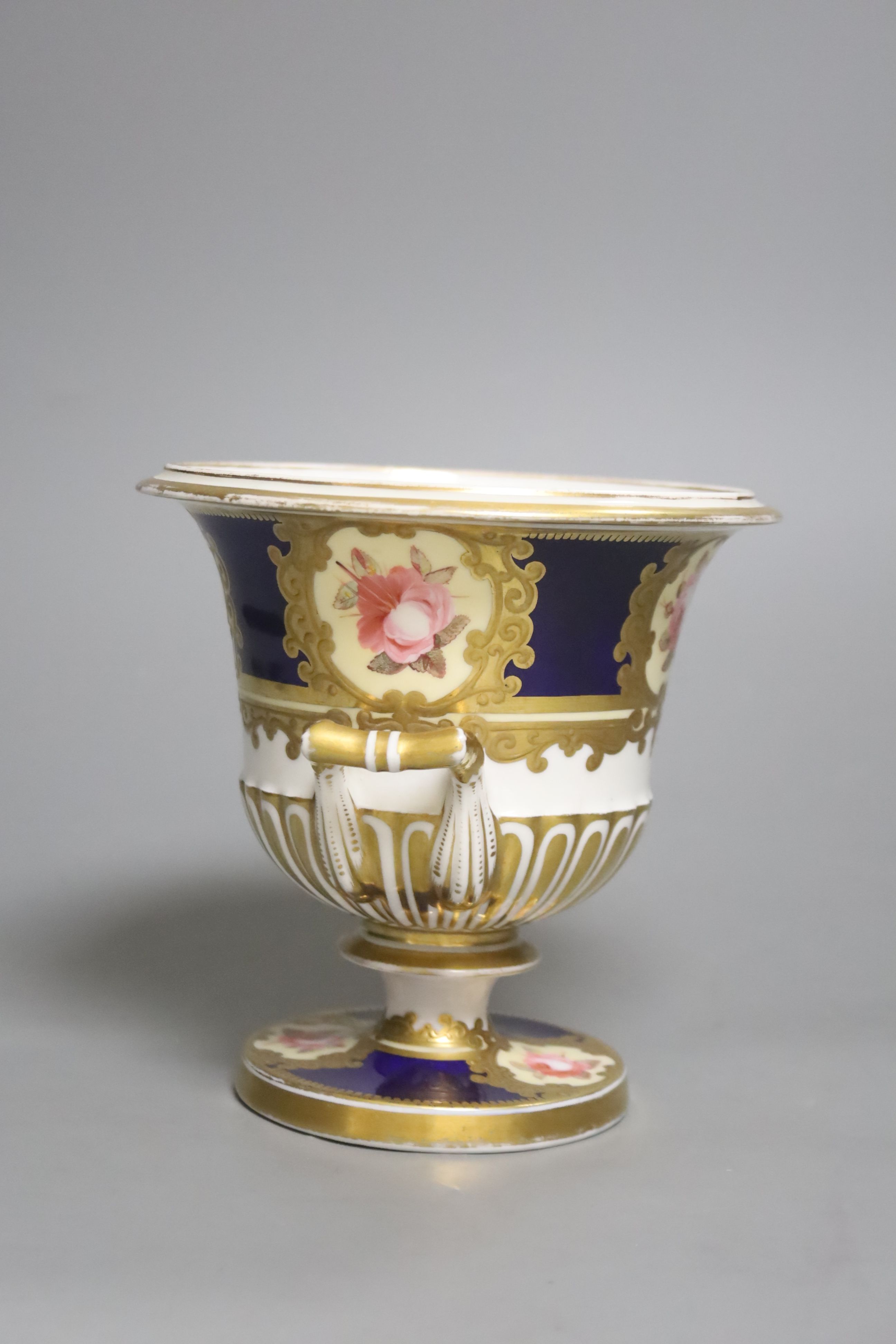 A Chamberlains Worcester two handled vase, painted with six single roses on a blue ground, height - Image 2 of 5