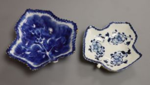 A Liverpool leaf shape dish, painted with flowers and a Bow leaf shaped dish, painted with grape