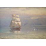 Frederick W. Baker (1862-1936), oil on board, sailing boat on a calm sea.signed,24 x 34cm