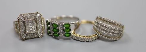 Two modern 9ct gold and pave set diamond dress rings, size N/O and a similar 9ct gold and nine