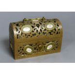 A 19th century French pierced and engraved bronze and enamel casket, 14cm