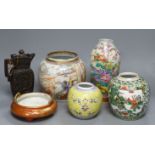 A group of mixed Chinese/Japanese ceramics to include three various jars, a vase, a censer and a
