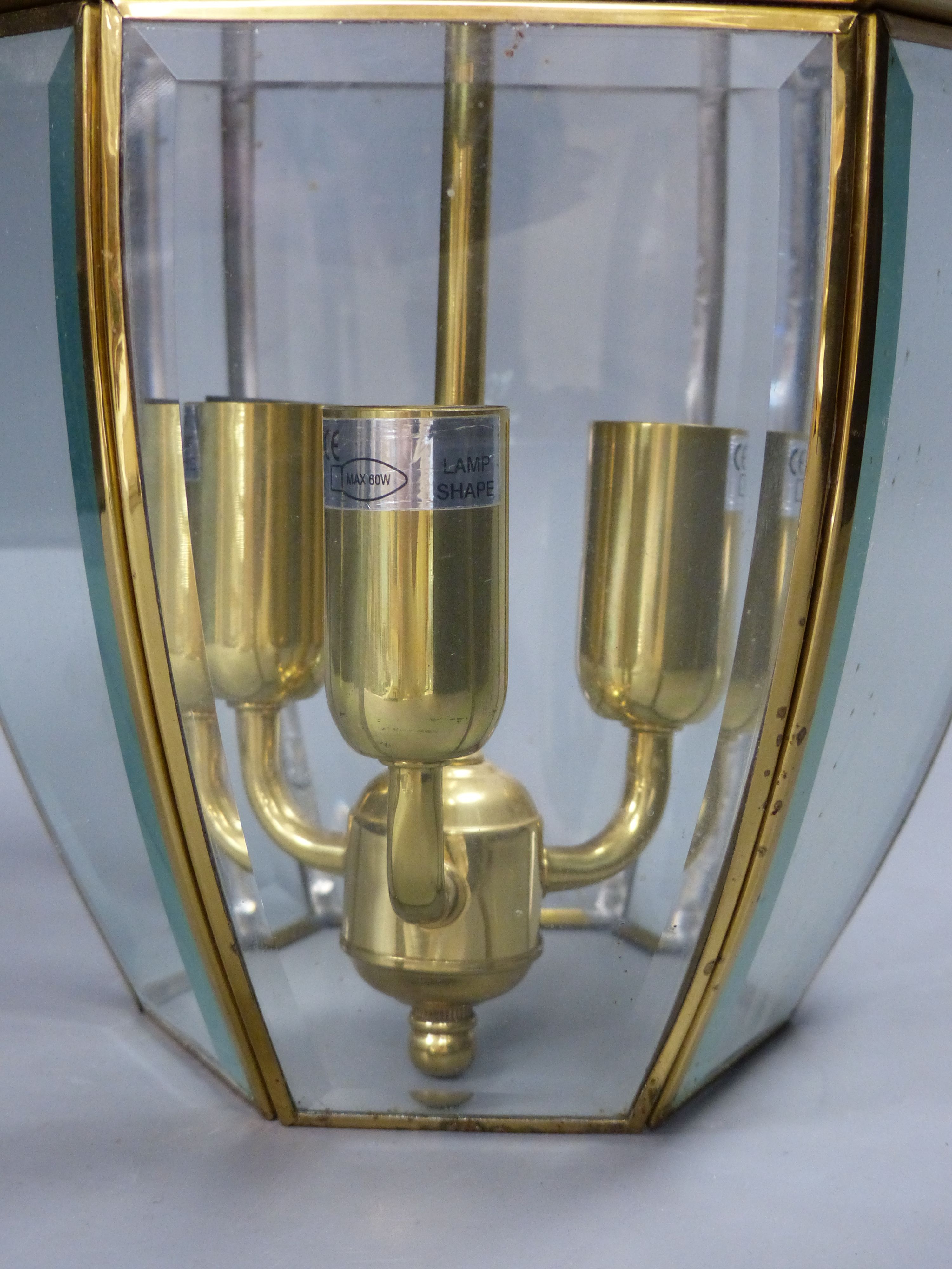 A hexagonal gilt metal and glass hall lantern - Image 2 of 3