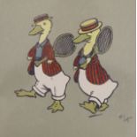 Cecil Aldin, chromolithograph, Ducks playing tennis, 17 x 16cm