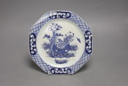 A Bow octagonal plate, with chrysanthemum and a bamboo border, c.1760, 22cm across