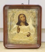 Russian School, tempera on panel, Icon of Christ with gilt oklad, 36 x 26cm, case overall 38 x 32.