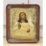 Russian School, tempera on panel, Icon of Christ with gilt oklad, 36 x 26cm, case overall 38 x 32.