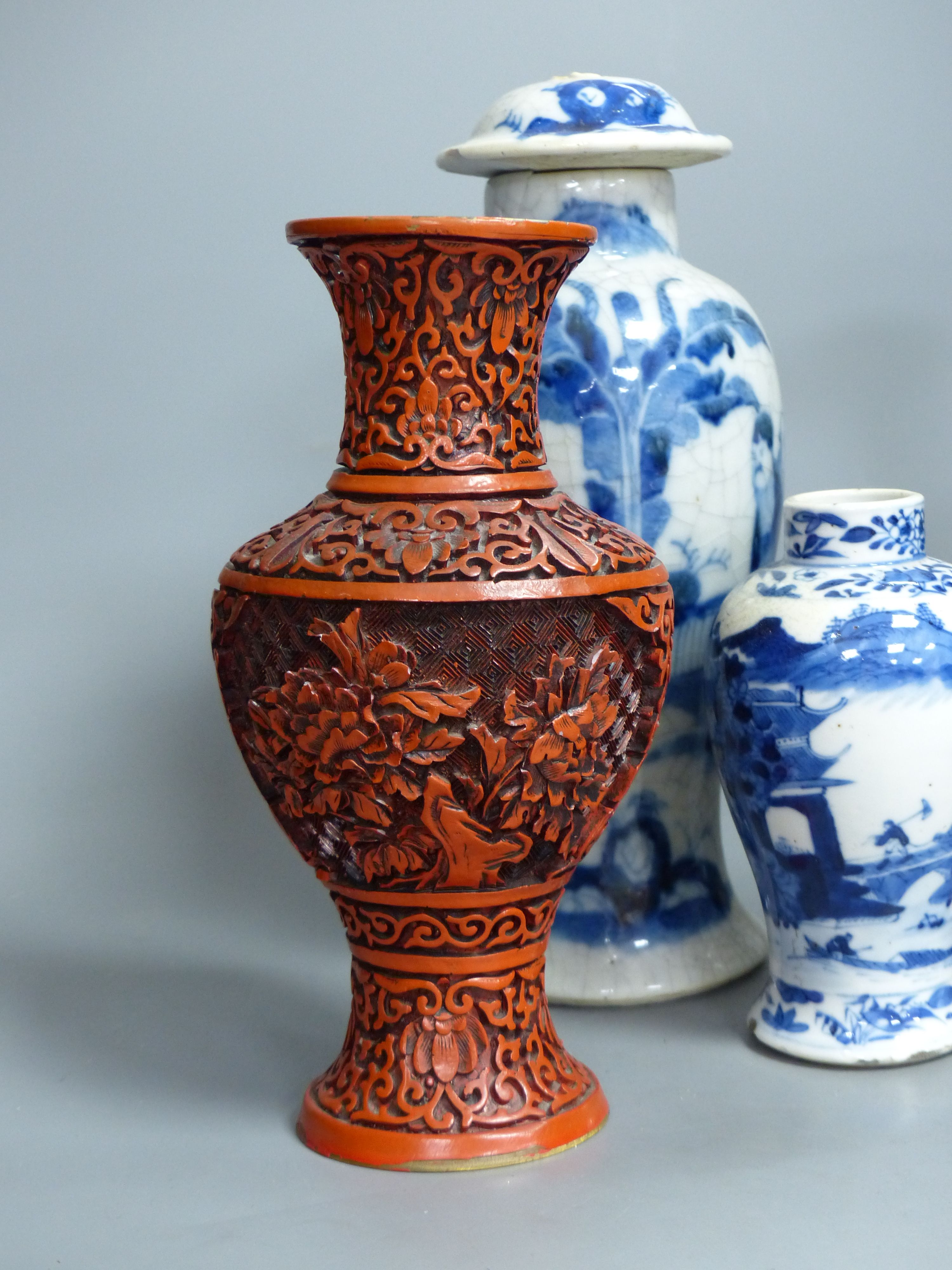 Three Chinese blue and white vases, a cloisonne enamel vase, another vase and a soapstone figure - Image 2 of 6