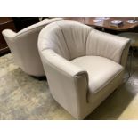 A pair of contemporary tub chairs upholstered in taupe hide, width 74cm, depth 76cm, height 80cm