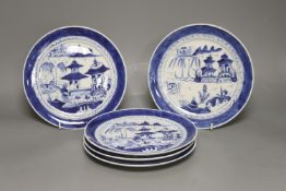 A set of five late 19th century Chinese blue and white landscape plates, diameter 20cm
