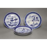 A set of five late 19th century Chinese blue and white landscape plates, diameter 20cm