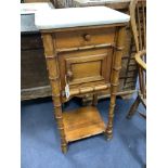 A Victorian pitch pine marble topped faux bamboo bedside cabinet, width 40cm, depth 36cm, height