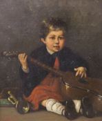 A. Gilbert (19th C.), oil on canvas, Portrait of a boy holding a guitar, signed, 20 x 17cm