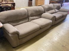 Two matching contemporary four-seater settees with grey/brown upholstery, length 200cm, depth