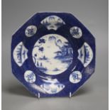 A Bow octagonal plate, painted with landscapes on a blue ground, c.1757, six character mark, 22cm