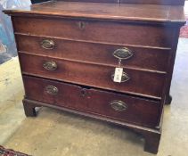 A small 18th century oak mule chest, width 90cm, depth 49cm, height 73cm