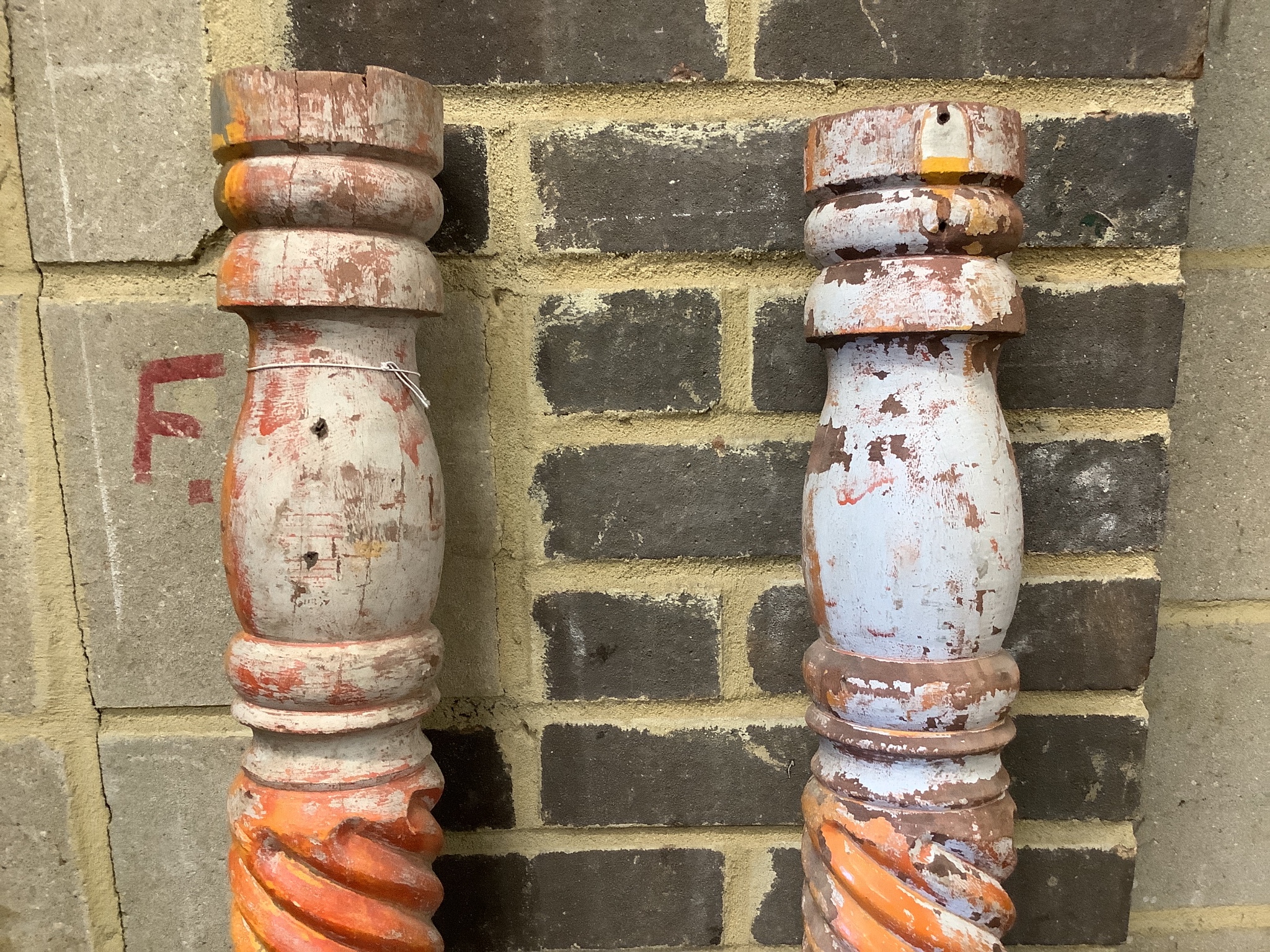 A pair of painted spiral carved wood columns, height 168cm - Image 2 of 3