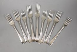 Nine assorted 18th and 19th century silver table and dessert forks, various dates and makers,17.