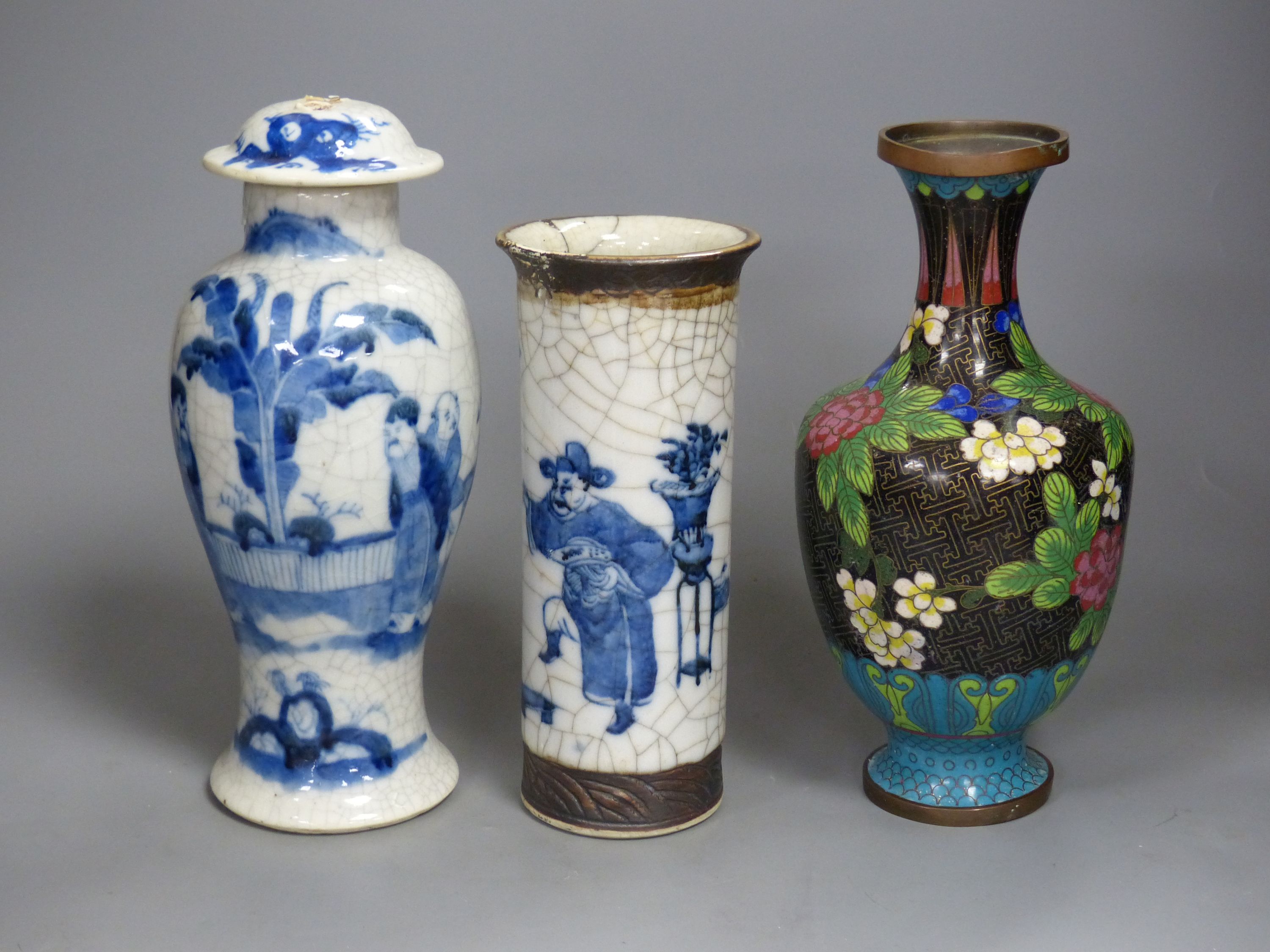 Three Chinese blue and white vases, a cloisonne enamel vase, another vase and a soapstone figure - Image 5 of 6